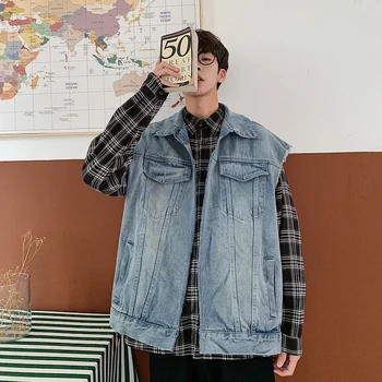 

Autumn New Denim Vest Men's Fashion Wash Retro Casual Sleeveless Jacket Man Streetwear Wild Hip Hop Loose Denim Vest Jacket