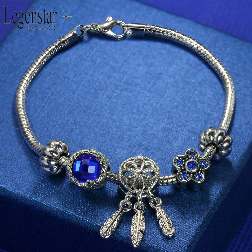 Legenstar модный серебряный цвет Амулеты Браслет с подвесками для женщин DIY Кристалл синий бисер подходят оригинальные браслеты женские ювелирные изделия