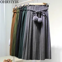 Ohryiyie Осень Зима Высокая талия винтажная универсальная бархатная юбка новые женские миди длинные толстые плиссированные юбки с поясом мяч