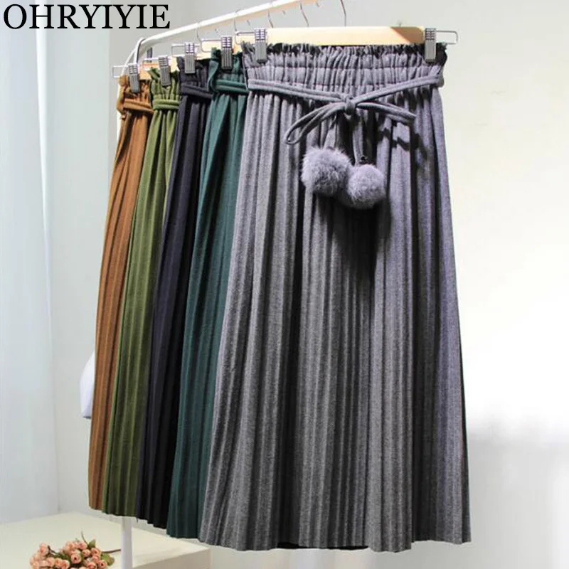 

OHRYIYIE Autumn Winter High Waist Vintage All-match Velvet Skirt 2019 New Womens Midi Long Thick Pleated Skirts With Sashes Ball