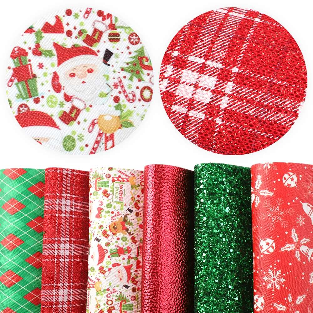 

6pcs/set 20*34cm Christmas Mulit-material Synthetic Leather Patchwork Fabric For Hair Bow Handbags Phone Case DIY,1Yc7861