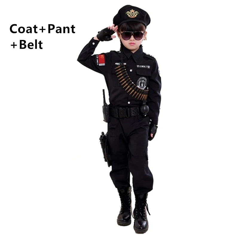 Coat Pants Belt Костюмы полицейских для мальчиков; Детский костюм для косплея в стиле армии полиции; комплект одежды; сценический костюм с длинными рукавами - Цвет: Coat Pants Belt