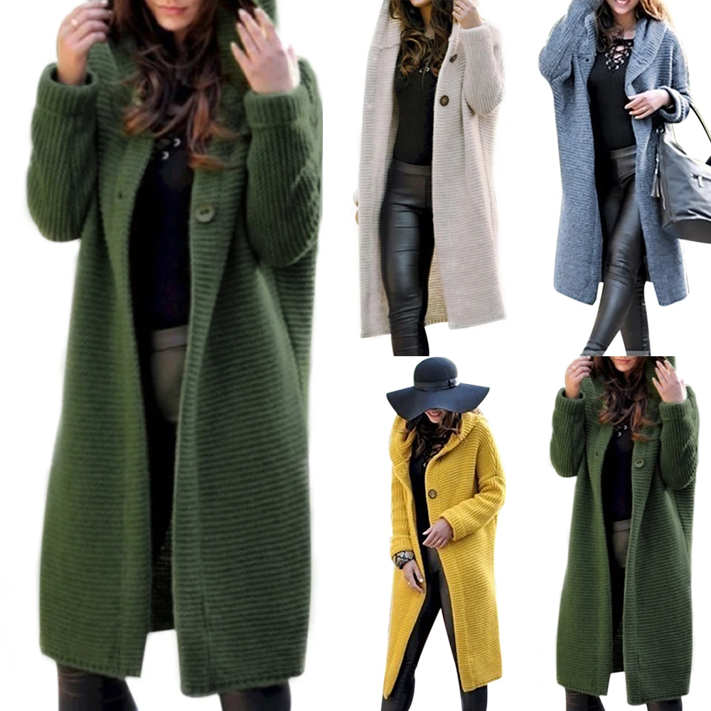 Женское длинное повседневное пальто с капюшоном, теплый вязаный свитер, однотонный открытый женский свитер с длинными рукавами, женское хлопковое пальто