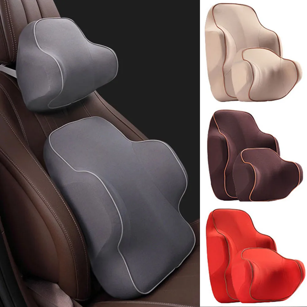 

Interior Ergonomic Memory Foam Support Breathable Car Headrest Set Cushion Lumbar Pillow Accessories Slow Rebound Washable Cover