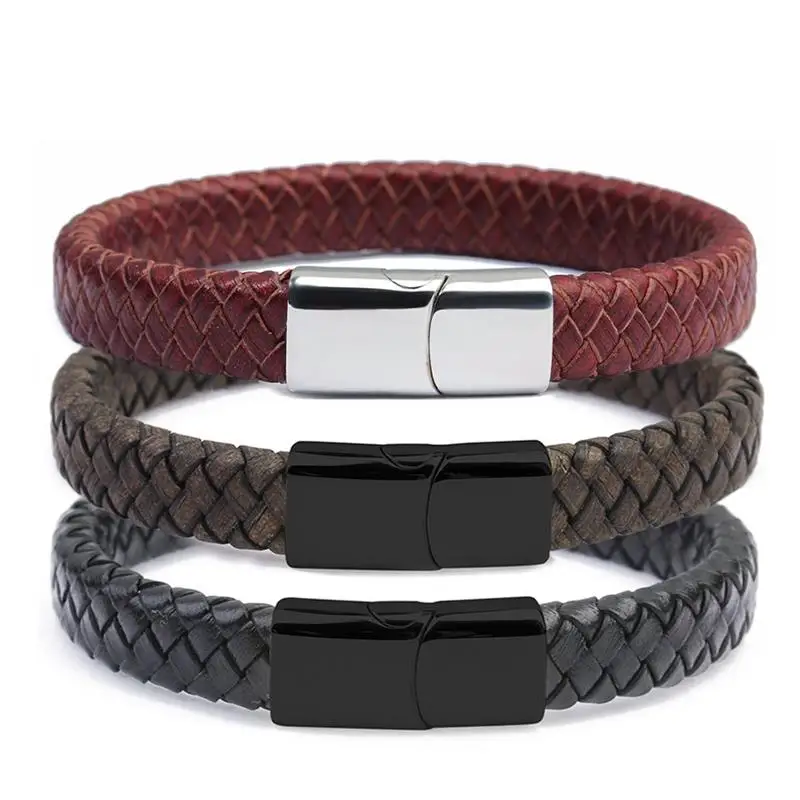 Mens Stylish Black Wrapped Leather Bracelet With Stainless Steel Design 22CM 