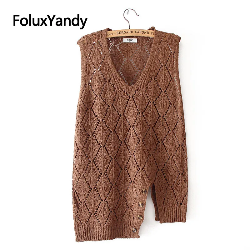 

Asymmetrical Vest Women Sleeveless Hollow Out Loose Plus Size V-neck Knitted Casual Vests KKFY4368