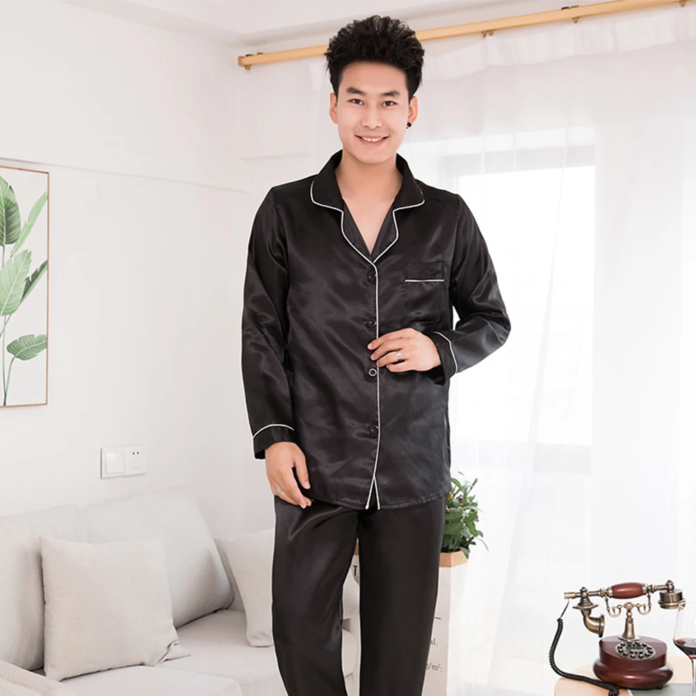 best mens pajamas Silk Men Pajamas Set two-piece Solid Color Fashion Men's Long-Sleeved Trousers Couples Long Sleeve Suit Casual Home Clothing mens pjs set