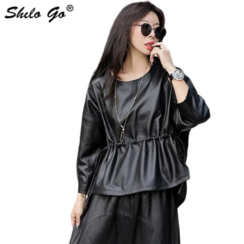 

Genuine Leather Blouse Plus Size O-Neck Drop Shoulder Flare Sleeve Lace Up Sheepskin Pullover Tops Women Casual Oversized Shirts