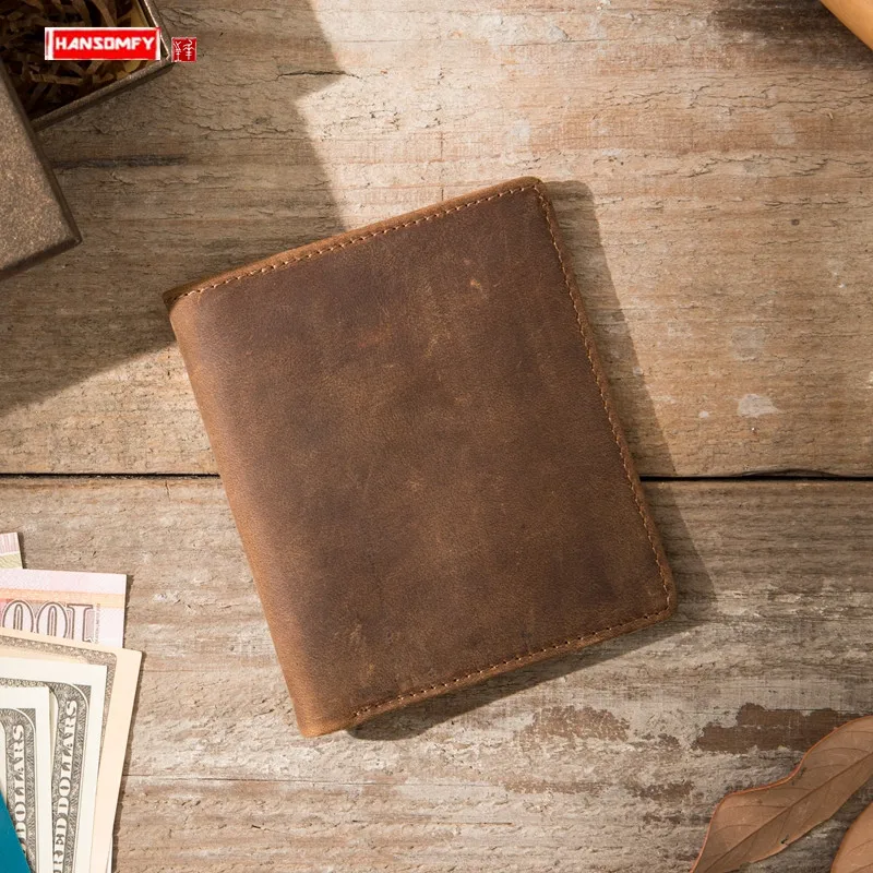 

Original handmade wallet short men's leather suede leather card holder crazy horse leather simple retro ultra-thin small wallets