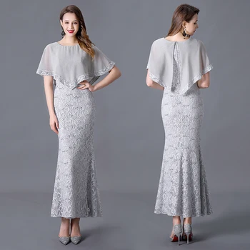

Mother of the Bride Dresses Plus Size Mermaid Scoop Ankle-length Wrap Lace Zipper Silver