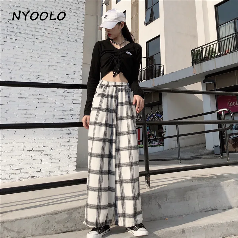 NYOOLO Vintage Streetwear high waist plaid woolen pants Autumn winter loose elastic waist ankle length wide leg pants women