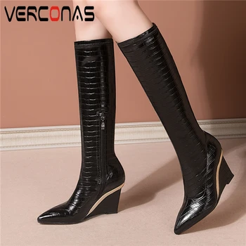 

VERCONAS Fashion Women Knee-High Boots 2020 Autumn Winter New Metal Wedges Heels Shoes Woman Pointed Toe Side Zipper Long Boots