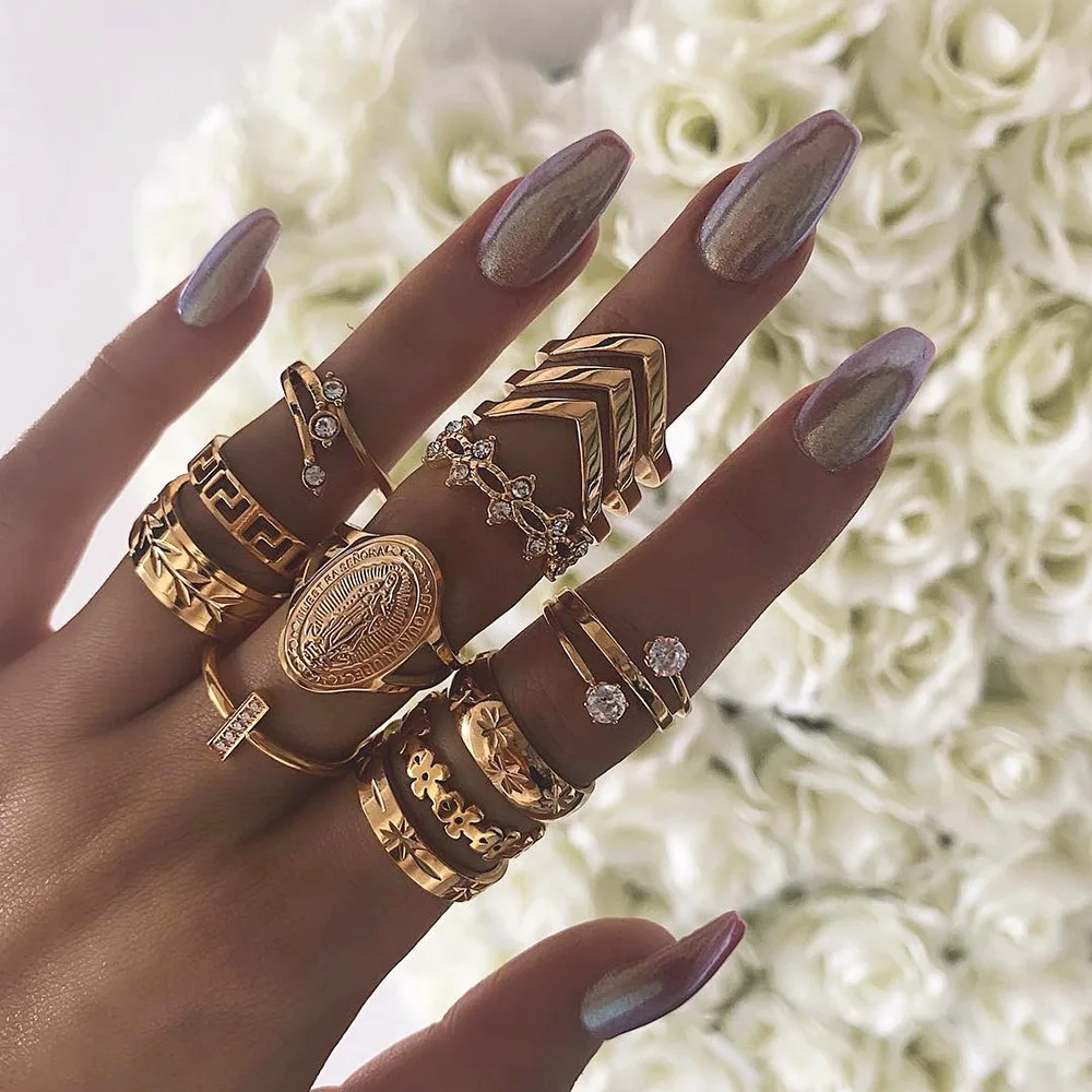 

13pcs/lot PICKYZ Personality geometric Ring Imitation trend punk Ring with Simple Patterned Joint Rings with Flower Leaves Gifts