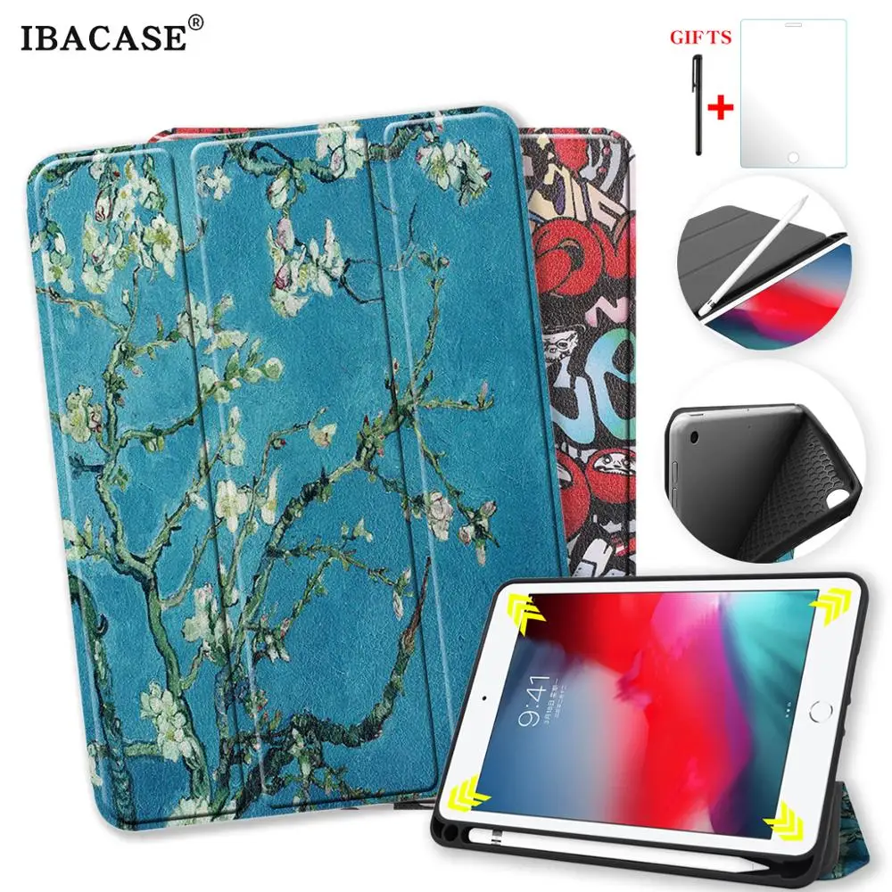 

case for ipad mini4 mini5 tablet cover pattern Soft silicone bottom Back PU Leather Smart Cover Auto Sleep put apple pencil
