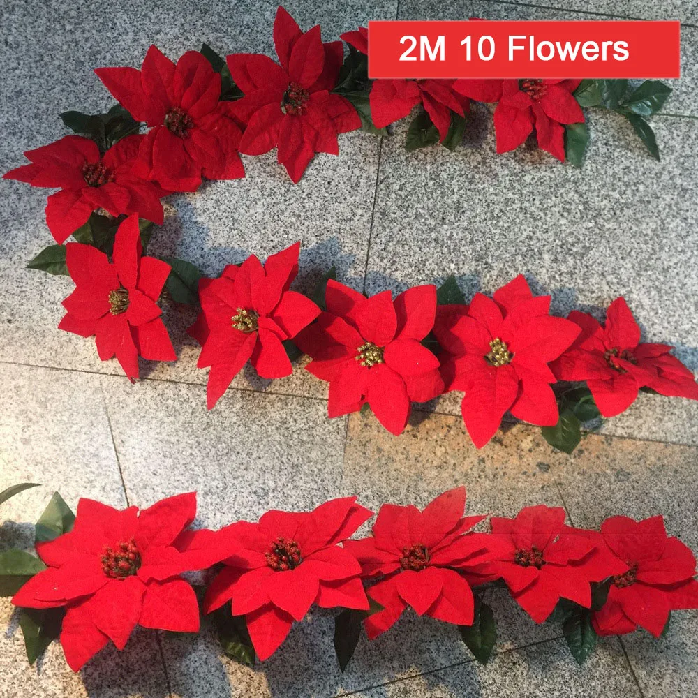 2m 10 Flowers Christmas Poinsettia Flowers Decorations Garland String Lights Xmas Tree Ornaments Christmas Home Decor