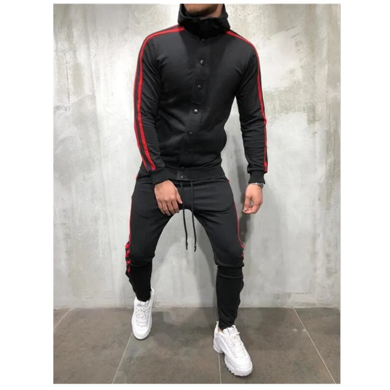 The Fashion LeisureButtonTracksuit Men Set Sport 2 Pieces Sweatsuit Mens Clothes Printed Hooded Hoodies Jacket& Pants Track Sui - Цвет: Black