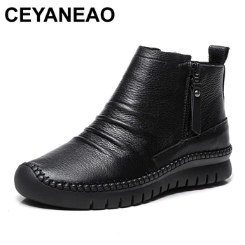 

CEYANEAO2019 women's ankle boots Autumn Winter soft Retro boots handmade flat shoes 100% genuine leather boots for womenE2201