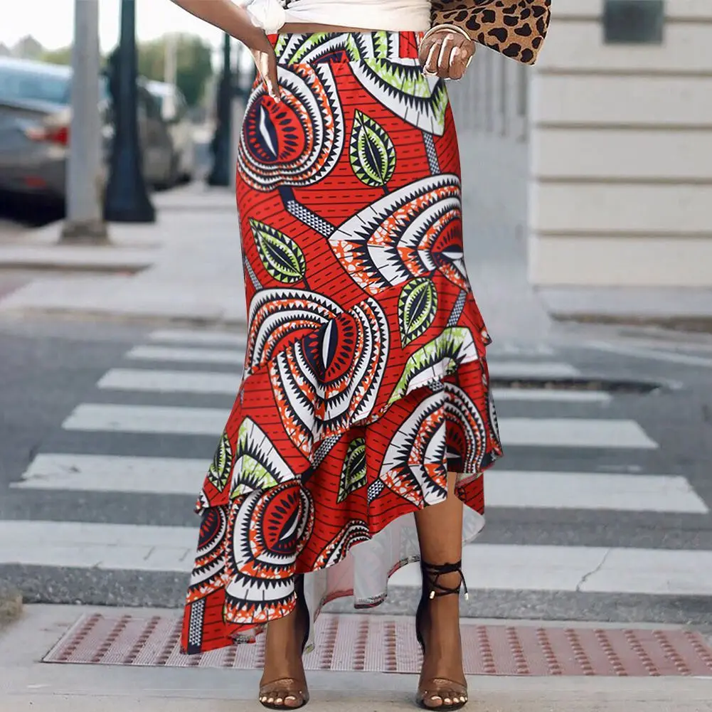 SUNGIFT Dashiki African Dresses For Women Double-layered Ruffled Hem Africa Digital Print Elegant Length Skirt African Clothing