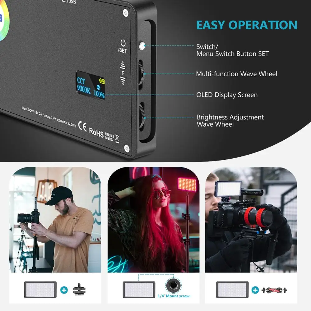 Neewer F7 RGB светодиодный свет для видеокамеры, полноцветный перезаряжаемый карманный размер светодиодный свет CRI97/2500 K-9000 K/0-360