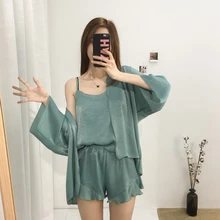 Ночное белье пижамный комплект Женский костюм из трех предметов шорты Пижама, сексуальное нижнее белье прочная перевязь круглый вырез широкие сосновые дышащие костюмы