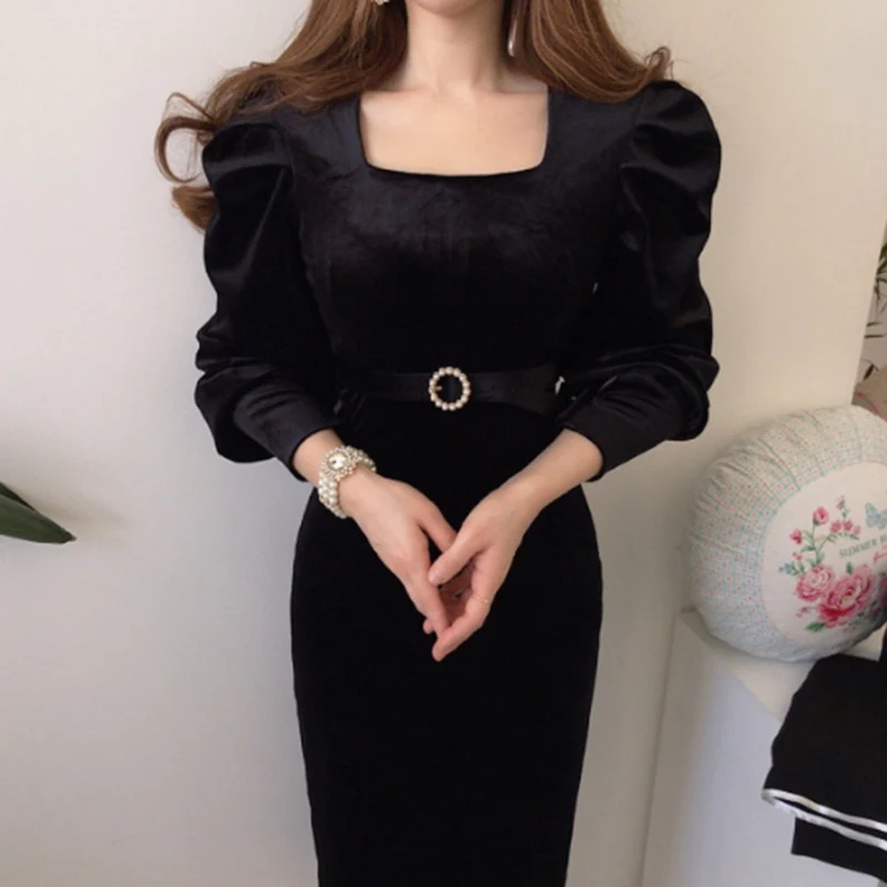 

Women's dress Korea chic elegant square collar exposed collar bone lace up waist slim bubble sleeve velvet small black dress