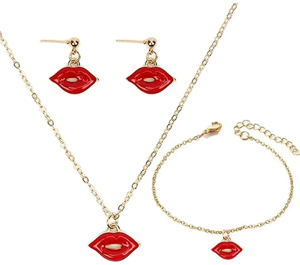 Red Lip Necklace Pendant Mouth Kiss Lips Bracelet Lip Dangle Stud