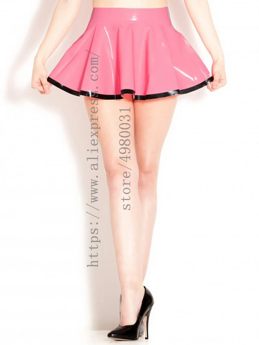 Женская летняя розовая мини латексная плиссированная юбка (без молнии) с черной
