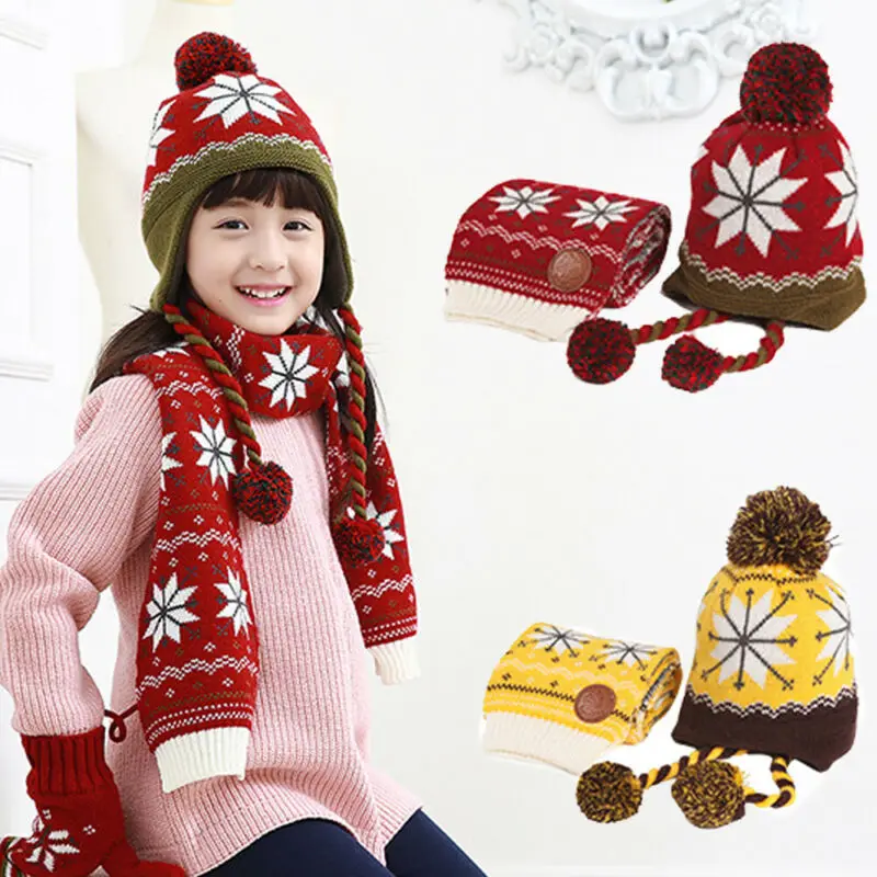 Комплект из 2 предметов для мальчиков и девочек, шапка и шарф, детская теплая зимняя шапочка с помпонами и наушниками, набор снежинок, модный вязаный От 4 до 12 лет