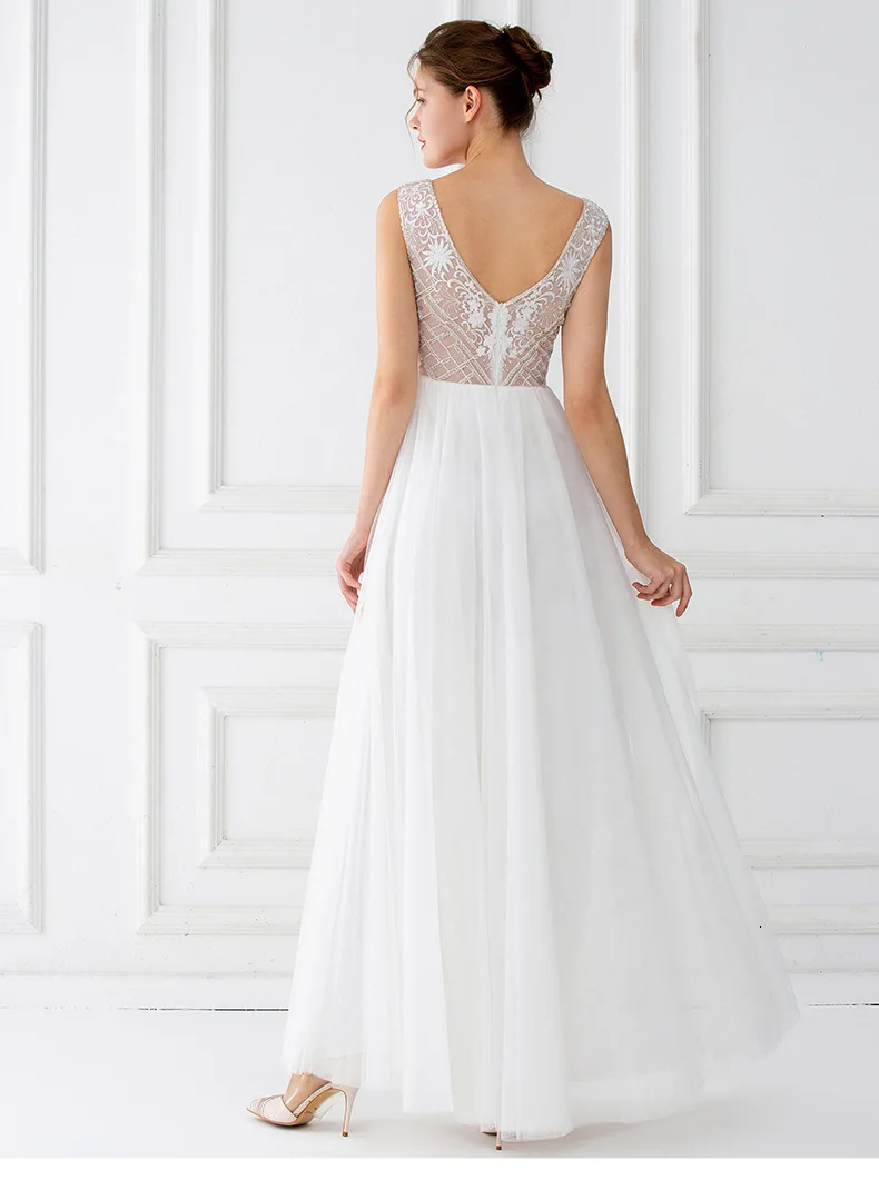 BackalkeGirls Vestido De Noiva Princesa сексуальное Тюлевое вечернее платье с v-образным вырезом и бисером без рукавов с глубоким v-образным вырезом на молнии сзади