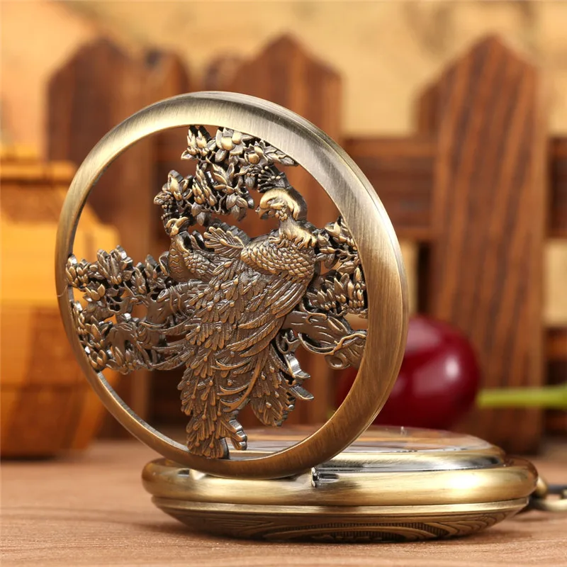 Antique Vintage Phoenix Half Hunter Clock Mechanical Hand Winding Pocket Watch for Men Women Roman Number Skeleton Fob Chain