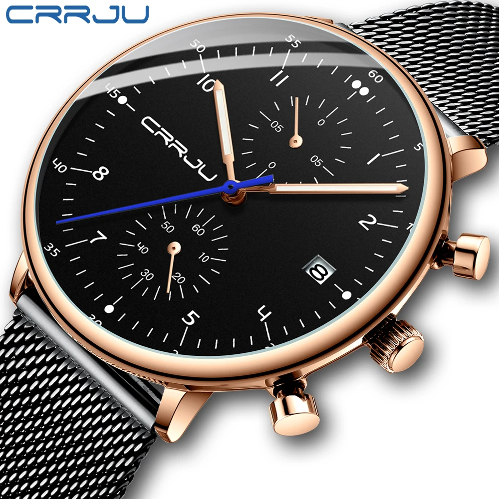 

CRRJU Relogio Masculino Mens Waches Top Brand Luxury Sport Watch Men Waterproof Chronograph Watch Stainless Steel Mesh Clock