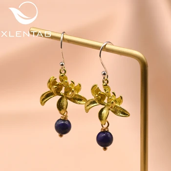 

XlentAg Natural Lapis Lazuli Flower Water Dangle Earrings For Women 925 Sterling Silver Plant Drop Earrings Fine Jewelry GE0037