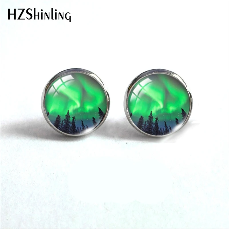 Green Northern Lights Earrings Light Jewelry Aurora Handcraft Glass Dome Stainless Steel Stud | Украшения и аксессуары