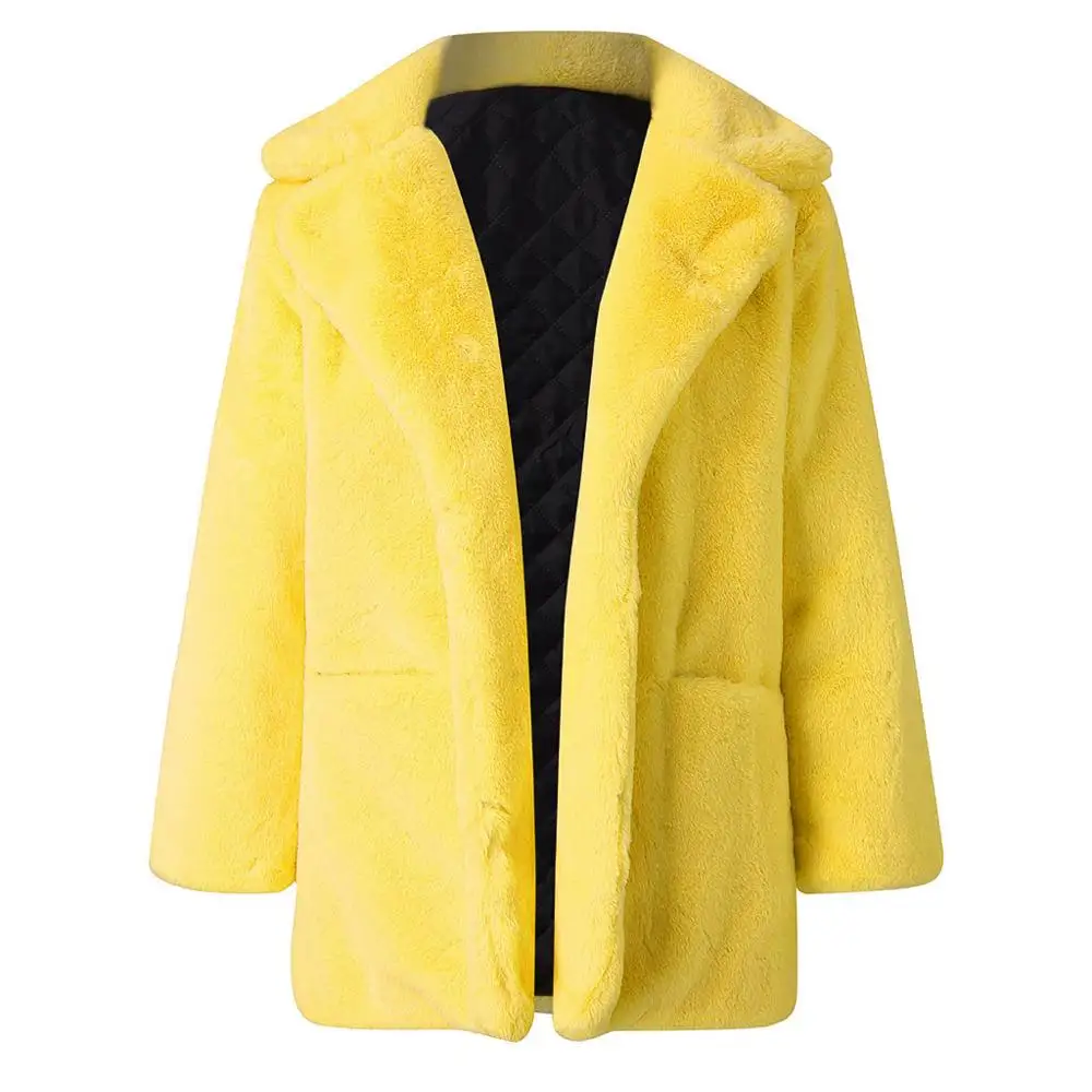 Женское пальто из искусственного меха, Осень-зима, пушистое,, плюшевое пальто, модное, одноцветное, с длинным рукавом, Свободное пальто, теплая, мягкая, верхняя одежда, плюшевое, Jassen - Цвет: Цвет: желтый
