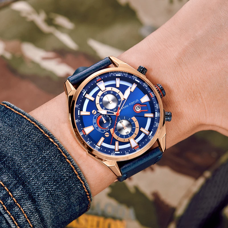 Ceny MINI FOCUS zegarek kwarcowy mężczyźni wodoodporna niebieska skóra pasek luksusowa marka Fashion Design wielofunkcyjny zegarek sportowy zegarek męski