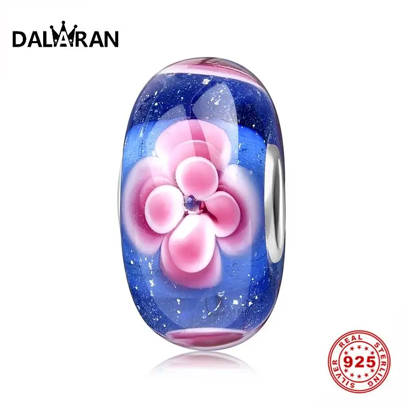 DALARAN 925 пробы Серебряный цветок синий европейский стеклянный бисер Подходит для