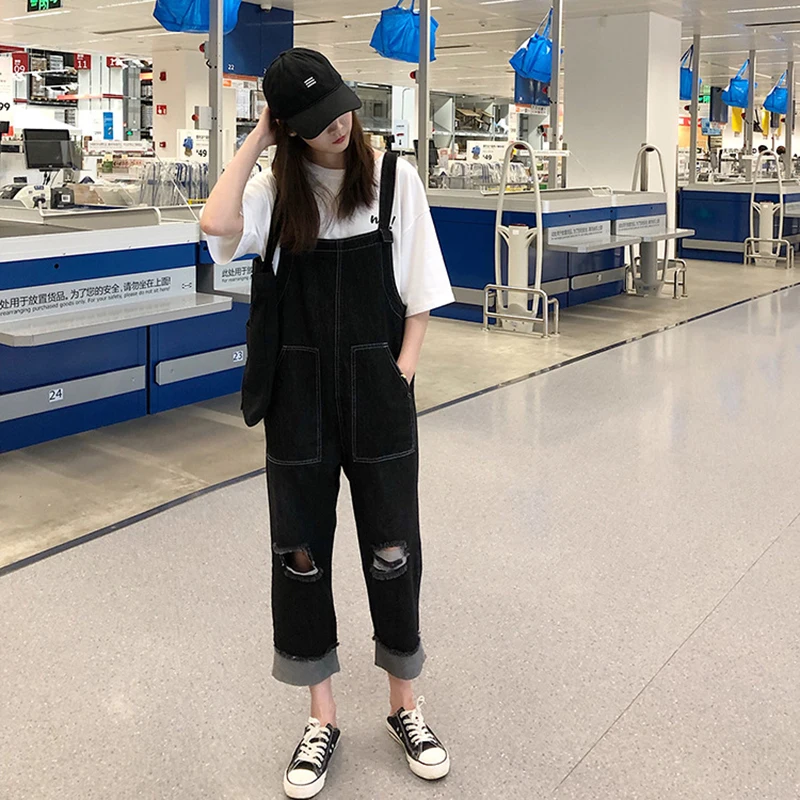 Women Denim Jumpsuits Women's trousers Jeans Casual Cowboy nine minutes trousers girl Wide Leg Deniml Ripped Jumpsuit Overalls