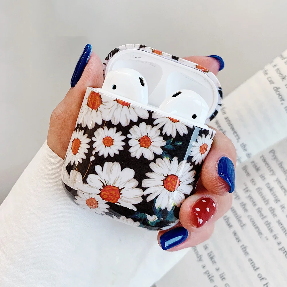 

OULLX Dust Guard Earphone Case for Air pods Luxury Painting Daisy Pattern Bluetooth Wireless Hard Plastic Cover for Airpods 1 2