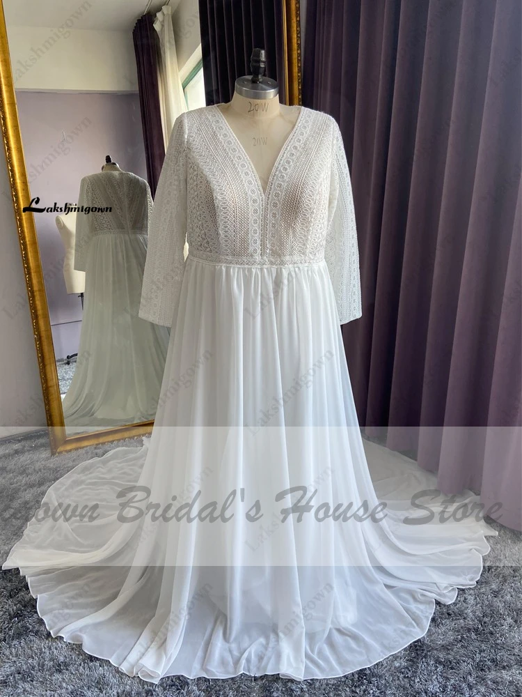 Vestidos Boho Bridal Long Sleeve Wedding Dresses A Line 2021 Robe Longue Simple Beach Chiffon Long Wedding Gowns Deep V-neck 4