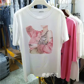 

2020 Spring Summer New Women's T-shirt Heavy Industry Beauty Sequin Loose Fashion Korean Short-Sleeved T-shirts Girls Tees Tops
