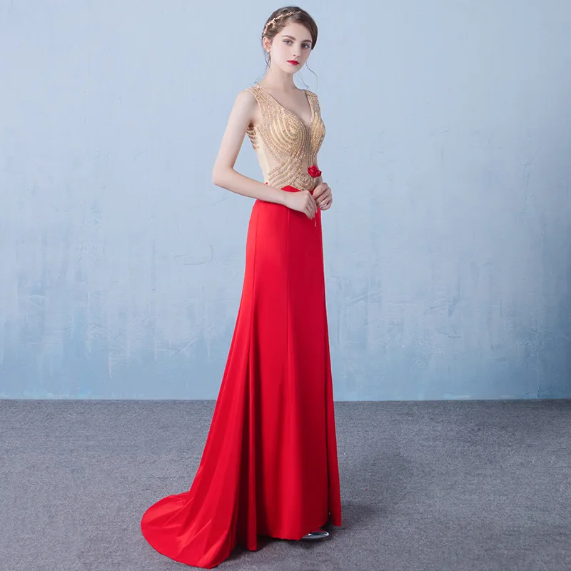 red Сексуальное платье с v-образным вырезом и открытой спиной, изысканные стразы, иллюзия, на молнии, вечерние платья, женские вечерние платья Vestidos - Цвет: red