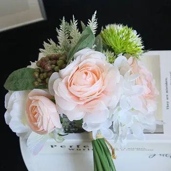 

Artificial Silk Camellia Peony Flower Wedding Bridal Holding Fake Flower Bouquet Hydrangea Berry for Home Party Decoration