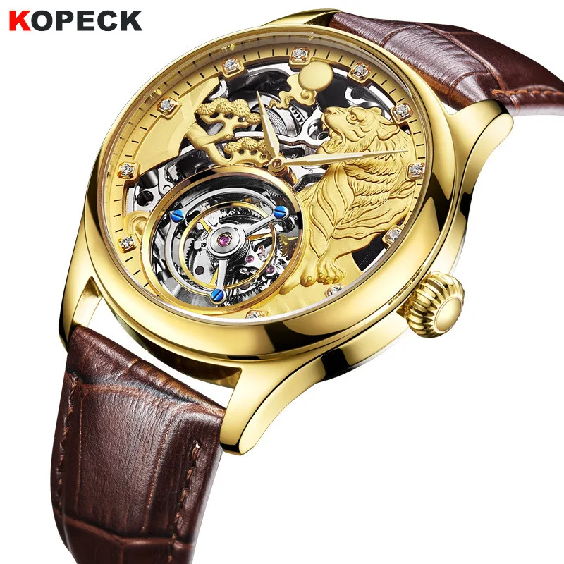 Мужские наручные часы Real Tourbillon механические с кожаным ремешком копейкой Sapphire tiger