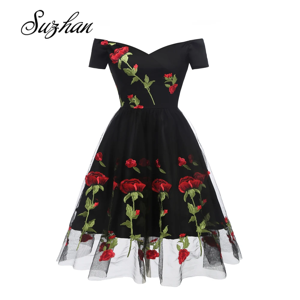 Suzhan кружевное платье миди платье Для женщин 70s мексиканская с вышивкой в этническом стиле Вечерние платья с v-образным вырезом платье миди - Цвет: Black Short