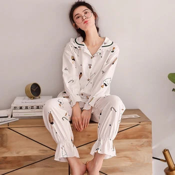 

Ladies pajamas set, pure cotton long-sleeved lapel, casual wearable princess style cardigan home service suit JJF0066