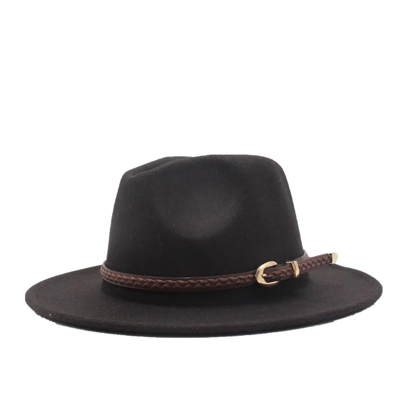Новинка Зима Осень шерсть для женщин мужчин ремень дамы Fedoras Топ джаз шляпа Европейский Американский круглые шапки котелок шапки