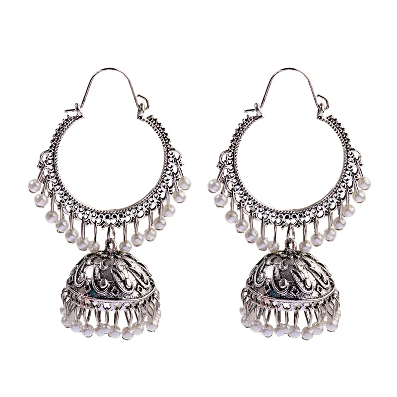 Женские Этнические Ретро Круглые индийские серьги jhumka классические Винтажные белые бусины Серьги с кисточками свадебное украшение бижутерия