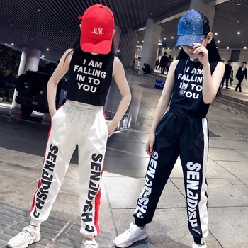 

Girls Jazz Dancing Costume Sleeveless Crop Top Loose HipHop Pants Children Street Clothes Stage Sport Running Clothing Kids 619