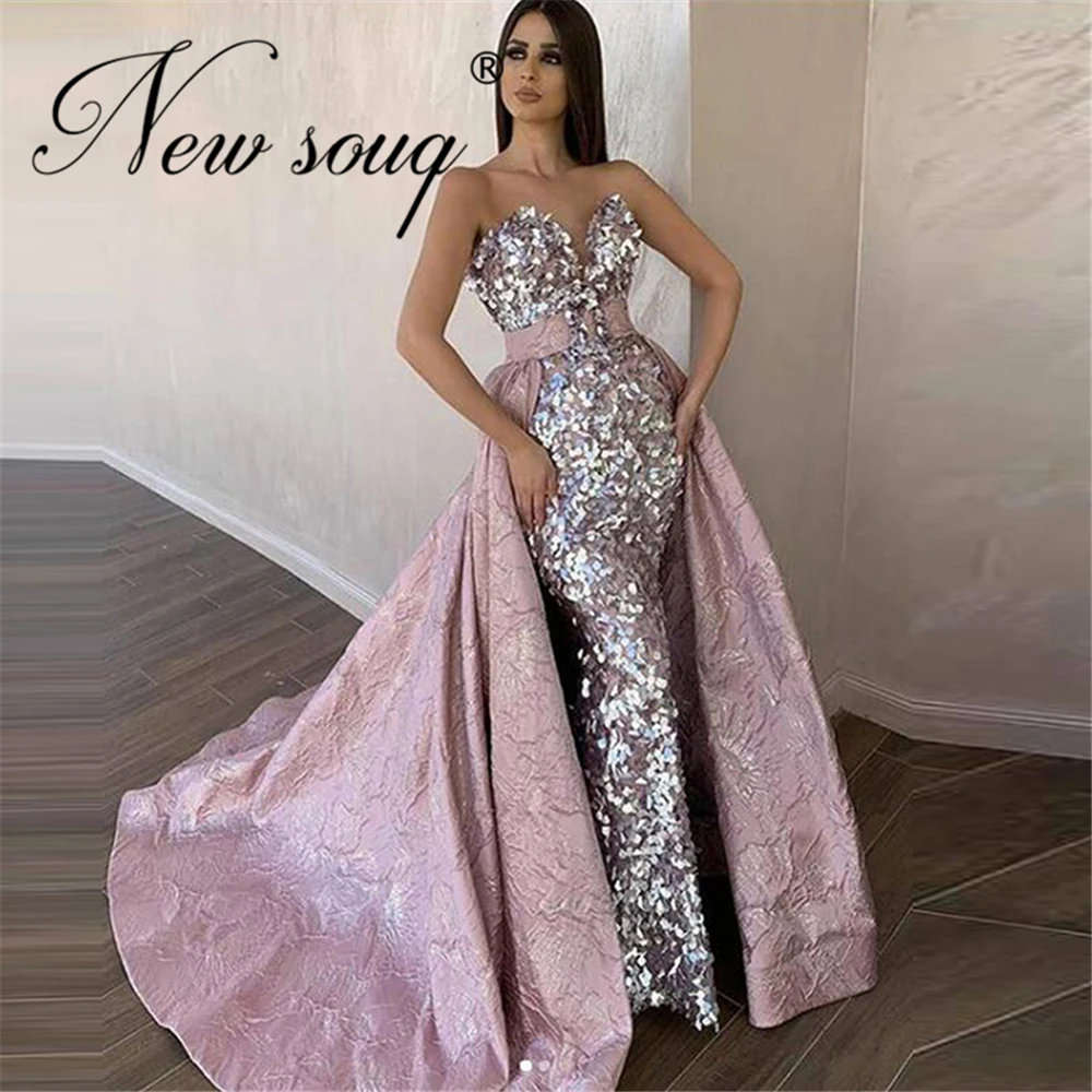 

Vestido De Festa Sequins Evening Dresses With Detachable Train 2021 Saudi Arabia Long Prom Dress Custom Made Dubai Party Gowns