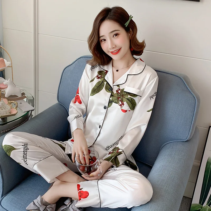 

2020 Spring/Autumn Ladies Long-sleeved Pajama Suit Faux Silk Home Clothing Two-piece Set Pyjamas Women Sleepwear Lounge Wear